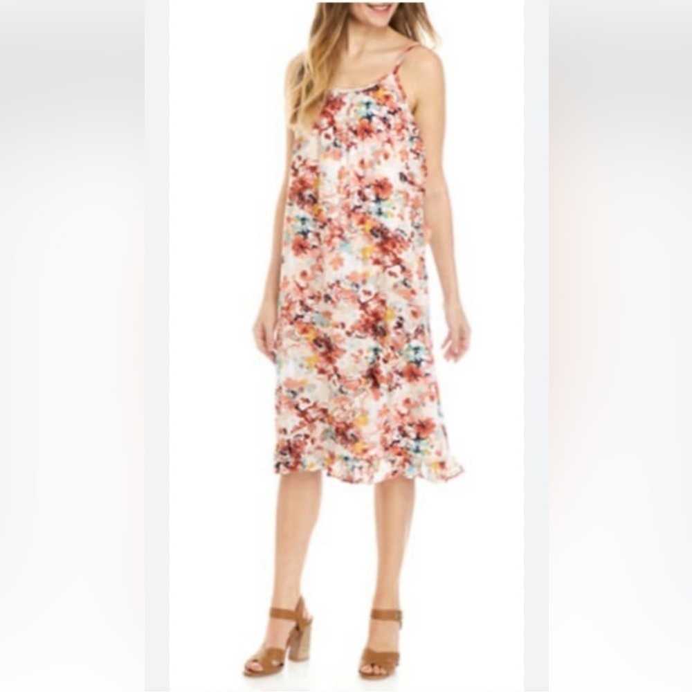 New Directions Cotton Blend Floral Midi Dress in Red and Pink Size 1X F24